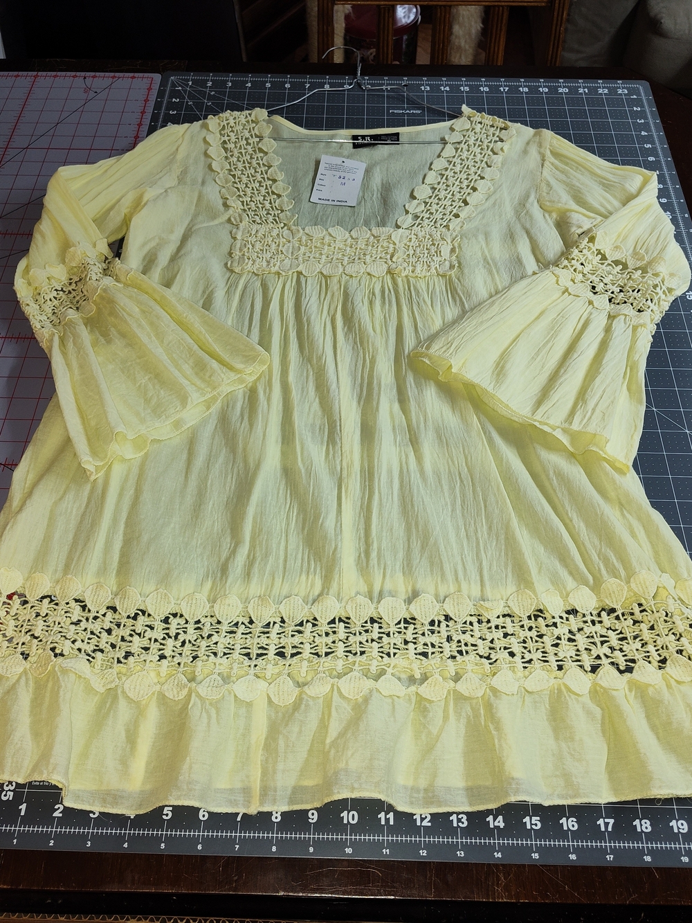 Light Yellow Crochet-Trim Women's Cotton Tunic M